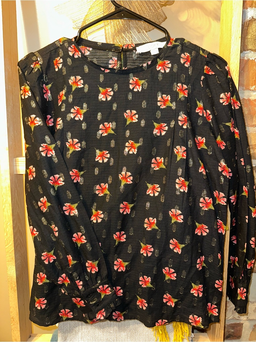 LOFT Black Blouse with Pink and Coral Floral Print
